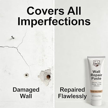 Wall Repair Paste – 2 Pack 250g (500g Total) Spackle for Nail Holes and Cracks, Zero VOC Odorless Wall Filler with 2 Inch Patches, Scraper, Sandpaper, Gloves, Fast Drying Paintable Compound