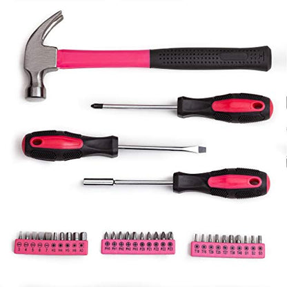 Cartman 148Piece Tool Set General Household Hand Tool Kit with Plastic Toolbox Storage Case Pink - color: Pink