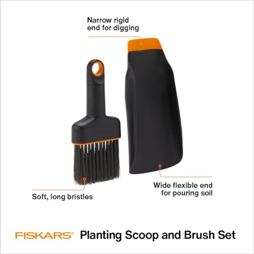Fiskars Planting Soil Scoop & Brush Set, Dual-Sided Tool for Indoor Digging & Cleanup, Narrow Rigid End & Flexible Dustpan for Potting, Soft Bristles Sweep Debris, Recycled Plastic - style: Soil Scoop & Brush Set