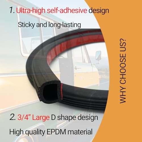 D Shape Rubber Seal Strip, 3/4" Self-Adhesive EPDM Rubber Weather Stripping Gasket for Automotive, Boat, RV Slide Out Seal, Marine, Garage Doors/Window and More, 20Ft - size: (3/4Inch ; 3/4Inch) 20Feet