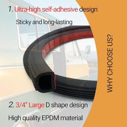 D Shape Rubber Seal Strip, 3/4" Self-Adhesive EPDM Rubber Weather Stripping Gasket for Automotive, Boat, RV Slide Out Seal, Marine, Garage Doors/Window and More, 20Ft - size: (3/4Inch ; 3/4Inch) 20Feet