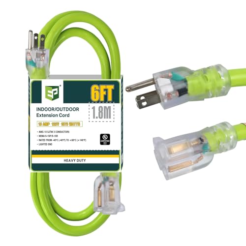 EP 6 Ft Lighted Outdoor Extension Cord - 10/3 SJTW Heavy Duty Green Extension Cable with 3 Prong Grounded Plug for Safety, UL Listed - color: Green, size: 6ft
