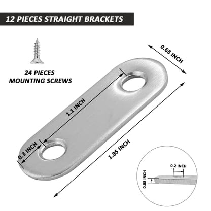 Litoexpe 12 Pcs 1.9 Inch Stainless Steel Straight Brackets, Silver Flat Straight Brace Metal Mending Plate Connector for Wood Furniture Repair, with 24 Pieces Screws (1.9 x 0.6 inch, 47 x 16 mm) - style: 1.9 x 0.6 inch (12 Pack)