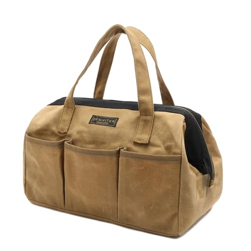 Tool Bag, 13-inch Heavy Duty Wide Mouth Water-Resistant Waxed Canvas Zipper Bag, Tool Tote with Handle for Tools, Wrenches, Screwdrivers (13 X 7.8 X 9 inch) | Khaki - color: Khaki_13IN, size: 13 Inch