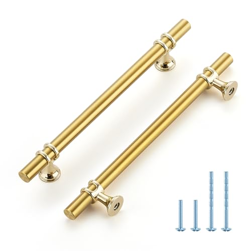 HOME EDIT Brushed Brass Cabinet Handles, 6-1/4 Inch Hole Center Modern T-Bar Drawer Pulls, Decorative Hardware for Cabinets, Dressers, and Drawers, 10 Pack - color: Brushed Brass, size: 6-1/4 Inch Hole Center