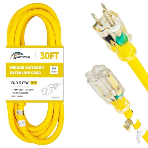 Indoor Outdoor Extension Cord Weatherproof with Lighted End, UL Listed, 10 Gauge 30FT Yellow 3 Prong Heavy Duty, 10/3 SJTW 15A Power Cord for Outdoor Lights, Lawn - size: 30FT, style: 10/3