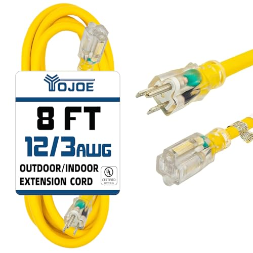 YOJOE Indoor Outdoor Extension Cord with Lighted End, 3 Prong 15A Weatherproof Power Cord, 12 Gauge Heavy Duty 8 ft Yellow Extension Cord for Garage, Garden and Home, 12/3 SJTW UL Listed - color: Yellow, size: 8 Foot, style: 12/3 Lighted-End