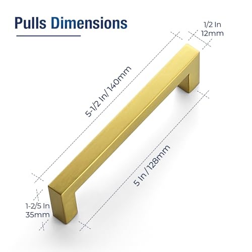 JOY DECOR 2 Pack Cabinet Handles, Gold Cabinet Pulls, 5 Inch Kitchen Handles Square Drawer Pulls Stainless Steel Drawer Hardware Handles, 128mm Hole Centers - size: 5 Inch Hole Center