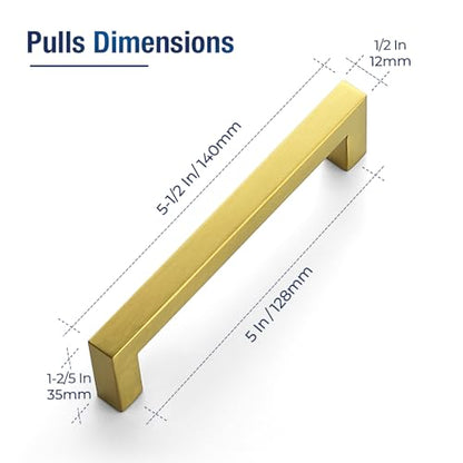 JOY DECOR 2 Pack Cabinet Handles, Gold Cabinet Pulls, 5 Inch Kitchen Handles Square Drawer Pulls Stainless Steel Drawer Hardware Handles, 128mm Hole Centers - size: 5 Inch Hole Center