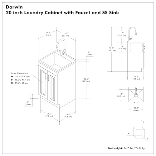 SIMPLIHOME Darwin All-in-One 20 inch Wide Utility Sink and Laundry Cabinet in Pure White Finish, Transitional Stainless Steel Sink Cabinet for Laundry Rooms with High-Arch Chrome Faucet and Storage - size: 20 Inch, style: Stainless Steel Sink