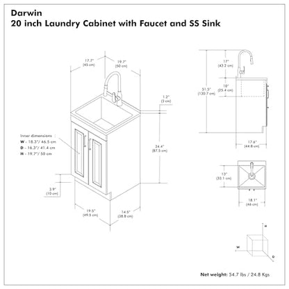 SIMPLIHOME Darwin All-in-One 20 inch Wide Utility Sink and Laundry Cabinet in Pure White Finish, Transitional Stainless Steel Sink Cabinet for Laundry Rooms with High-Arch Chrome Faucet and Storage - size: 20 Inch, style: Stainless Steel Sink