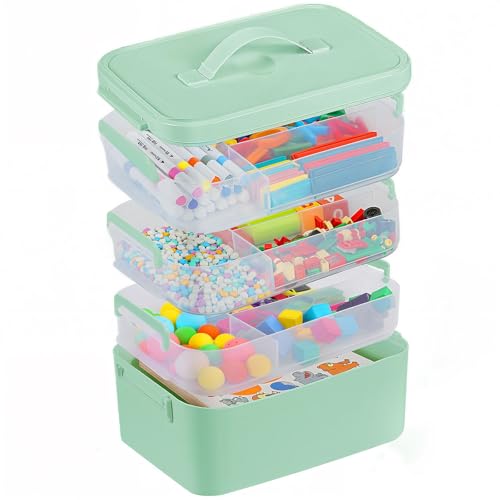Gifhomfix 4-Layer Plastic Craft Organizers and Storage Box with Removable Trays, Storage Containers with lids and Handle, Art Supply Storage Organizer for Organizing Bead, Sewing, Tool（Green） - color: Green, size: 4 Layer-10.6 X 7.6 X 11 in