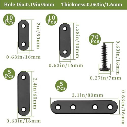 Jiozermi 30 Sets Flat Plate Straight Bracket Flat Metal Brace Bracket, 40mm/50mm/60mm/80mm Metal Brackets Mending Repair Plate Brace - size: Black，40mm/50mm/60mm/80mm，30Pcs
