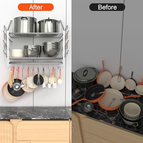 VyGrow 28 Inch Pot Rack Wall Mounted, 2 Tier Pots and Pans Organizer with 20 Hooks and 6 Pot Lid Holders, Heavy Duty Steel Pot and Pan Hanger for Kitchen Cookware Utensils Storage, Silver - color: 28"W 2 Tier Silver