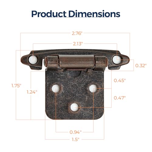 4 Pack (2 Pairs) Antique Copper Cabinet Hinges for Kitchen Doors, Self-Closing, 1/2 Inch Overlay (Variable), Semi-Concealed Face Frame, Surface Mount Cabinet Hardware - color: Antique Copper