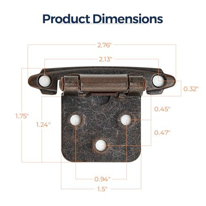 4 Pack (2 Pairs) Antique Copper Cabinet Hinges for Kitchen Doors, Self-Closing, 1/2 Inch Overlay (Variable), Semi-Concealed Face Frame, Surface Mount Cabinet Hardware - color: Antique Copper