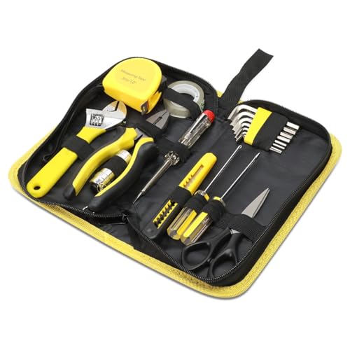 Auto Dynasty 18 Pcs Household Auto Repair Hand Tool Kit Set with Allen Keys Screwdrivers Tool Set Tap Measure Adjustable Wrench Utility Knife for Home Garage Warehouse Repair, Yellow - color: Yellow, size: 18 Pcs