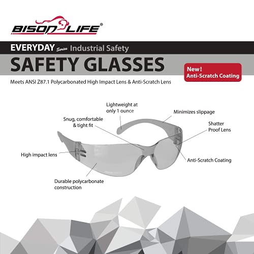 BISON LIFE Safety Glasses - Scratch Resistant Wrap Around Eyewear, Polycarbonate ANSI Z87.1 Impact Resistant Lens - color: Gray/Gray