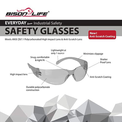 BISON LIFE Safety Glasses - Scratch Resistant Wrap Around Eyewear, Polycarbonate ANSI Z87.1 Impact Resistant Lens - color: Gray/Gray