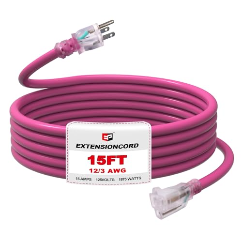 EP 15 Ft Outdoor Extension Cord, 12/3 SJTW Heavy Duty Waterproof Power Cable, 3 Prong Grounded Plug, Lighted End, for Lawn, Garden, Appliances, Pink - color: Pink, size: 15ft