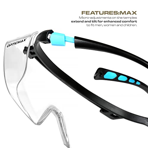 Glove Station Optic Max Safety Glasses Over Eyeglasses - Fits Over Your Prescription - Safety Glasses for Men and Women with Anti-Fog Coating, Wrap-Around Lenses, Adjustable Arms and Side Shields - color: Clear, size: Over The Glasses