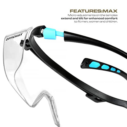Glove Station Optic Max Safety Glasses Over Eyeglasses - Fits Over Your Prescription - Safety Glasses for Men and Women with Anti-Fog Coating, Wrap-Around Lenses, Adjustable Arms and Side Shields - color: Clear, size: Over The Glasses