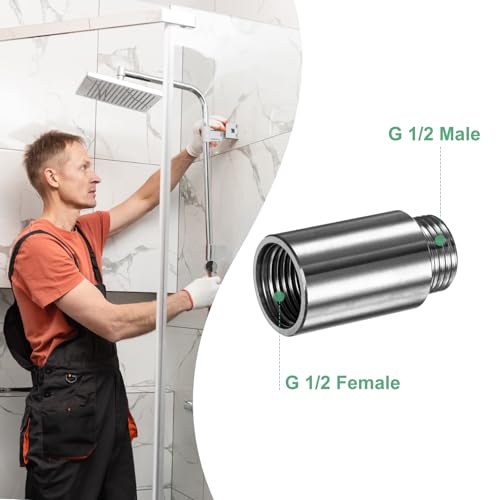 M METERXITY Shower Head Extension Arm, Stainless Steel G1/2 Male to Female Extension Pipe Fitting Adapter with PTFE Thread Seal Tape for Shower/Faucet, Pipe Plumbing Coupler 1.97"/50mm 2-Pack - size: 2"/50mm