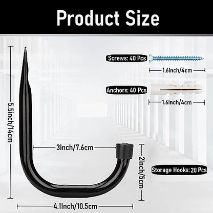 20 Pcs Heavy Duty Garage Storage Utility Hooks, 4.1Inch J Hangers Wall Hooks for Hanging Bikes, Ladders, Cord, Hose, Garden Tools