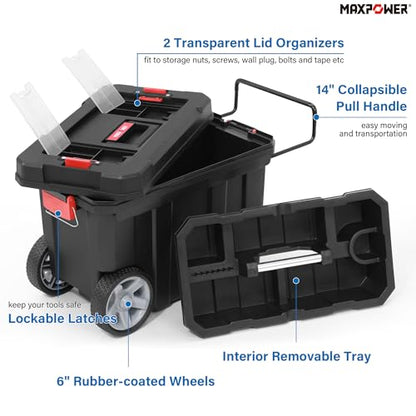 MAXPOWER Rolling Tool Box with Wheel, 8 Gallon Storage Capacity Deep Tool Box, Lockable Latches, Removable Tray, Black Toolbox - style: 8-gallon Rolling tool box