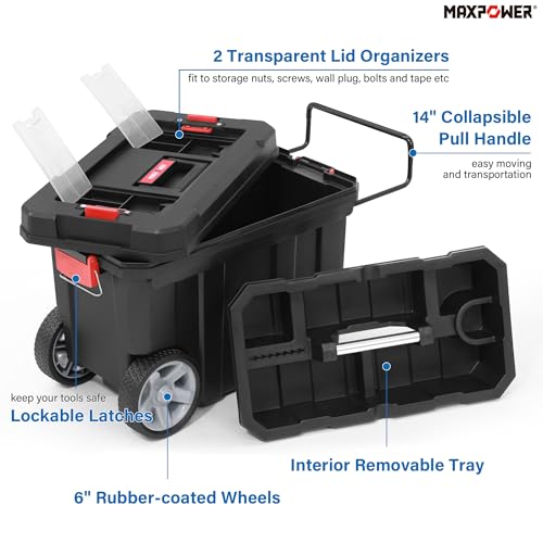 MAXPOWER Rolling Tool Box with Wheel, 8 Gallon Storage Capacity Deep Tool Box, Lockable Latches, Removable Tray, Black Toolbox - style: 8-gallon Rolling tool box