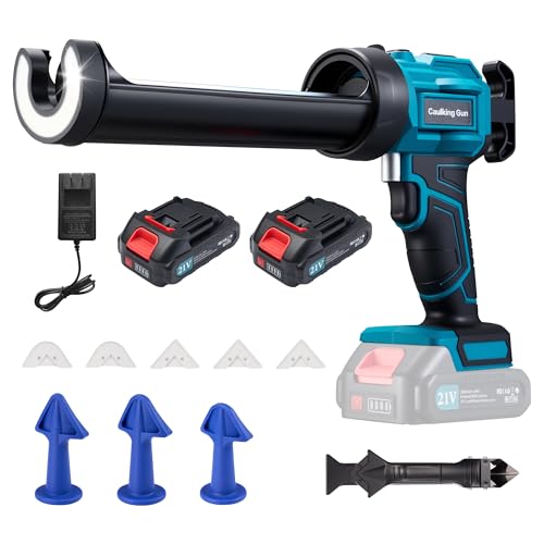Electric Caulking Gun Cordless with 21V 2 * 2000mAh Rechargeable Batteries, 4 Adjustable Speeds up to 190 mm/min, 450LM built-in LED Light, 9 Pcs Silicone Caulking Tools set for Filling, Sealing