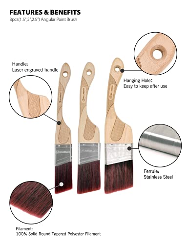 ROLLINGDOG Angled Paint Brush - Trim Brush with Ergonomic Wood Handle for Wall, Furniture, Cutting in Painting,3PC(1.5",2",2.5") - color: Medium Bristles（pack of 3）