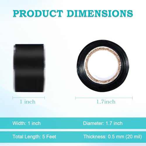 Self Fusing Silicone Tape 2 Rolls 1 in x 5' Black Waterproof Rubber Leak Proof Sealing Rubber Self-amalgamating Tape for Emergency Hot and Cold Water Pipe Repairs and Tool Fixation - size: 2 Rolls - 5 ft - Black - 20 mil Thickness