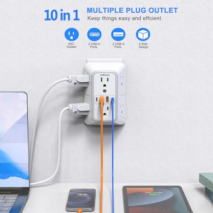 3 Pack Surge Protector Outlet Extender, 6 Outlet Splitter with 4 USB Ports (2 USB C), Multi Plug Wall Outlet 1050J Power Strip, USB Wall Charger for Home Office Kitchen Travel - color: White 3PCS