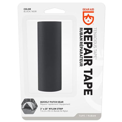 GEAR AID Tenacious Tape 3” x 20” Nylon Fabric Gear Repair Tape, Fix Holes and Rips in Puffy Jackets, Rain Gear, Tents, Sleeping Bags and Outdoor Equipment, Black, 1 Roll - color: Black, style: 3" × 20" (1 Roll)
