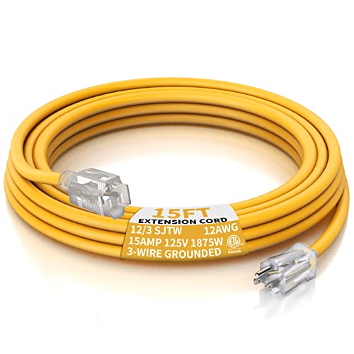 PLUGTUL Outdoor Extension Cord 15 FT Waterproof, 12/3 Gauge Heavy Duty Lighted Extension Cord, 3 Prong Grounded Plug for Safety, 15A 1875W SJTW, ETL Listed, Great for Garden and Home, Yellow - size: 15FT