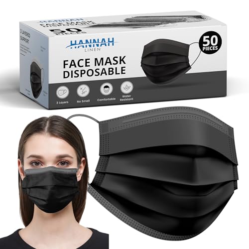 Hannah Linen Black Face Masks Disposable [50 PCS Value Pack] - 3 Ply Protection Safety Masks with Comfortable Nose Clip and Ear Loops
