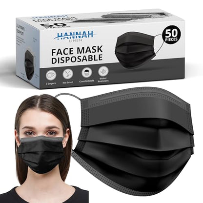 Hannah Linen Black Face Masks Disposable [50 PCS Value Pack] - 3 Ply Protection Safety Masks with Comfortable Nose Clip and Ear Loops
