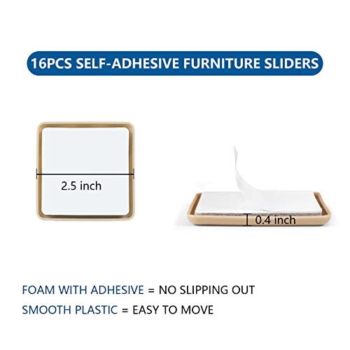 2.5 Inch Self-Stick Furniture Sliders, 16 PCS Square Furniture Sliders for Carpet, Self-Adhesive Chair Sliders, Carpet Sliders - Protect Carpet & Move Furniture Easily. - size: 2 1/2 inch (square)