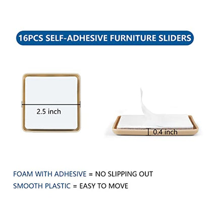 2.5 Inch Self-Stick Furniture Sliders, 16 PCS Square Furniture Sliders for Carpet, Self-Adhesive Chair Sliders, Carpet Sliders - Protect Carpet & Move Furniture Easily. - size: 2 1/2 inch (square)