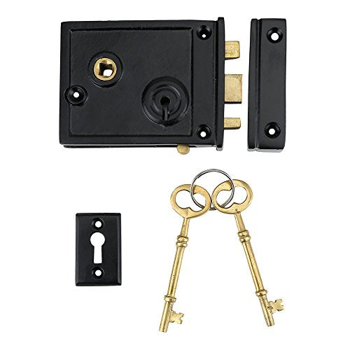 A29 Cast Iron Rim Lock Heavy Duty, Weather and Rust Resistant, Manual Latch for French & Screen Doors, Easy Install Hardware Included - Black Powder Coat Finish, 4.1" x 3.1" x 1.4" Backset - style: Horizontal Rim Lock