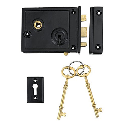 A29 Cast Iron Rim Lock Heavy Duty, Weather and Rust Resistant, Manual Latch for French & Screen Doors, Easy Install Hardware Included - Black Powder Coat Finish, 4.1" x 3.1" x 1.4" Backset - style: Horizontal Rim Lock