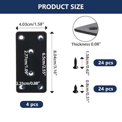 4 Pack Heavy Duty Flat Mending Plate, 3.1x 1.6inch Black Stainless Steel Straight Brace Bracket for Wood, Metal Brackets for Braces, Furniture & Shelf Repair, Wood Connector with Screws - size: 1.6"x3.1"