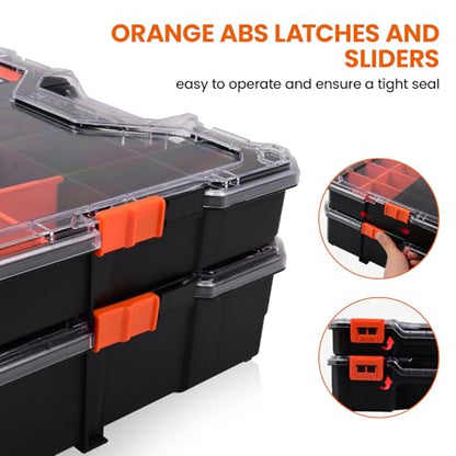 2PC Interlockable Tool Organizer, Toolbox with Adjustable Dividers & Bins & Transparent Lids Portable Hardware Storage Box for Screws, Nuts, Fishing Accessories (Black&Orange) - style: 2 PC Interlockable Organizer