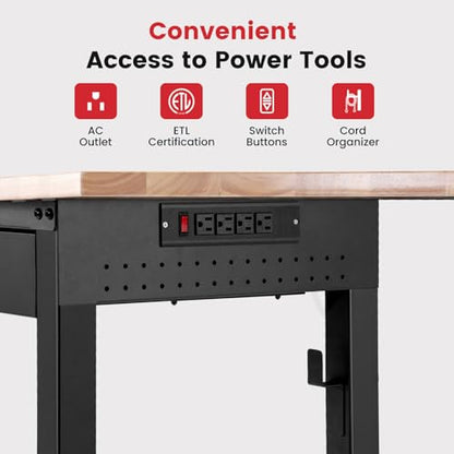 ENJOYWOOD 60" Adjustable Height Workbench with Drawers, Rubberwood Top, Pegboard & Power Outlets, Heavy Duty Work Table for Garage, Workshop & Home - size: XX-Large