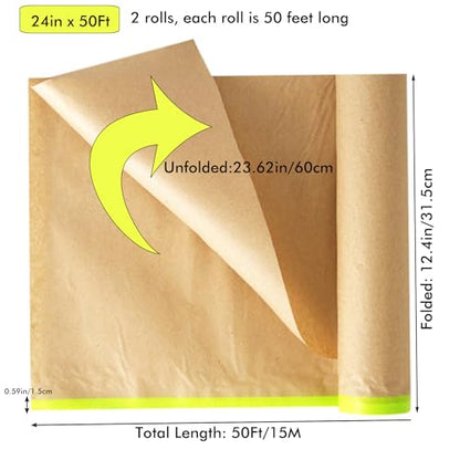 Amonk Pre-Taped Masking Paper for Painting 24in x 50Ft Paint Masking Paper with Adhesive Tape and Drape Painters Paper Roll for Automotive Furniture Wall Protection(2 Rolls)