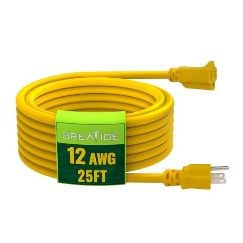 25 Ft Outdoor Extension Cord - 12/3 SJTW Heavy Duty Yellow Extension Cable with 3 Prong Grounded Plug - Power Cord for Lawn, Garden, Appliances - color: Yellow, size: 25 FT