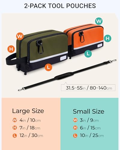 2 Pack Small Tool Bags Zipper Pouch for Organizing, with Adjustable Shoulder Strap & Carabiner, Utility Small Tool Pouch with Multi Pocket Compartments and Label Area (12" & 10") - color: Orange/Green