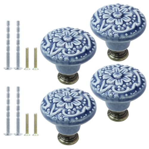 4pcs Greyish Blue Ceramic Knobs, Vintage & Retro Dresser & Cabinet Knobs & Pulls for Closet, Cupboard & Furniture Doors - color: Greyish Blue, size: 4pcs-1.3 Inch