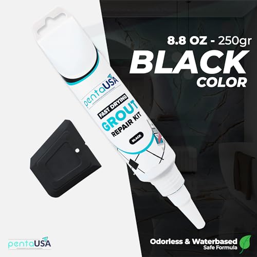 PentaUSA Tile Grout Repair Kit - Black Premixed Acrylic Sanded Grout Filler for Bathroom, Shower, and Kitchen Tile Repair, Water-Resistant Tube with Applicator, Fills Cracks and Gaps, (8.8oz / 250g)